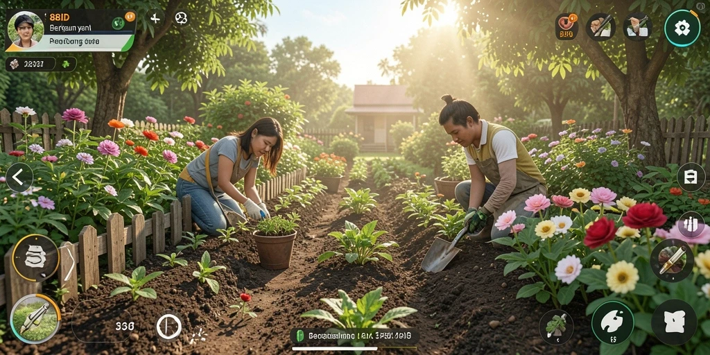 Tampilan utama gameplay 88ID yang menunjukkan aktivitas berkebun yang seru.