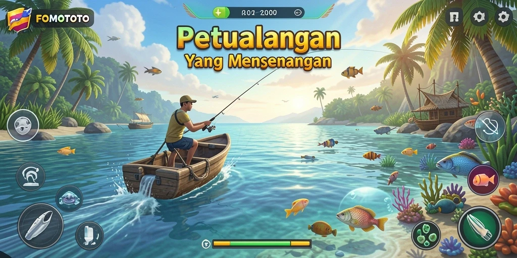 Gameplay seru FOMOTOTO dengan memancing di lokasi indah.