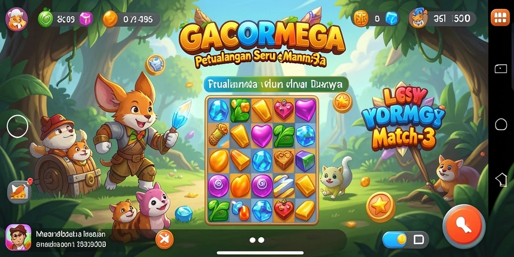 Tampilan permainan GACORMEGA dengan grafis dan gameplay Match-3 yang menarik.