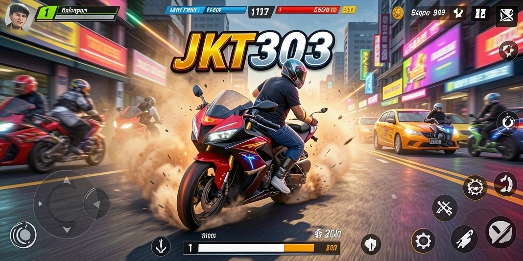 Gameplay seru JKT303 dengan motor balap yang cepat.