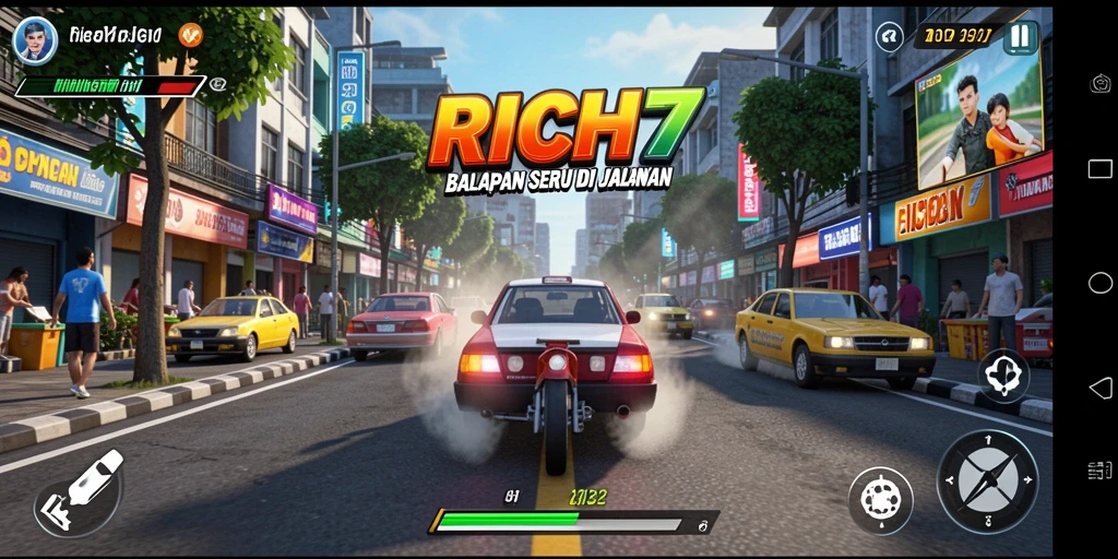 Gameplay RICH7 menunjukkan balapan mobil dengan grafis realistis.