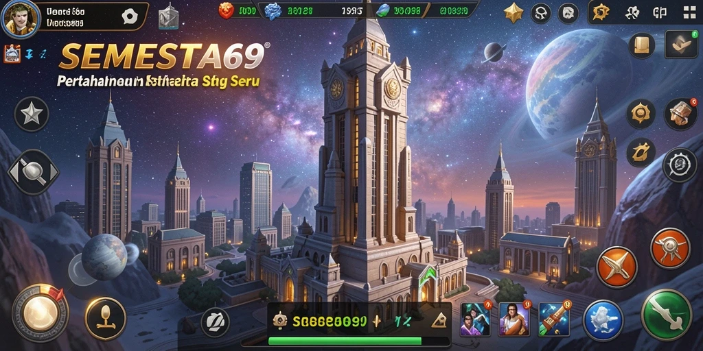 Tampilan gameplay seru dalam SEMESTA69 yang menampilkan menara pertahanan.