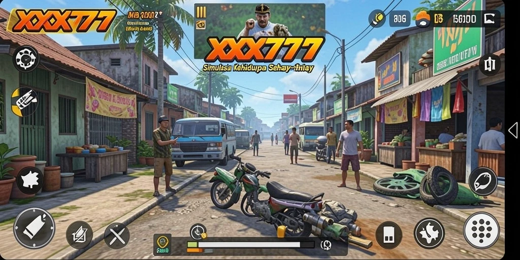 Screenshot menunjukkan karakter utama berinteraksi dalam dunia simulasi yang dinamis.